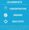 Bienfaits Formule FOCUS: concentration, mémoire, réactivité.