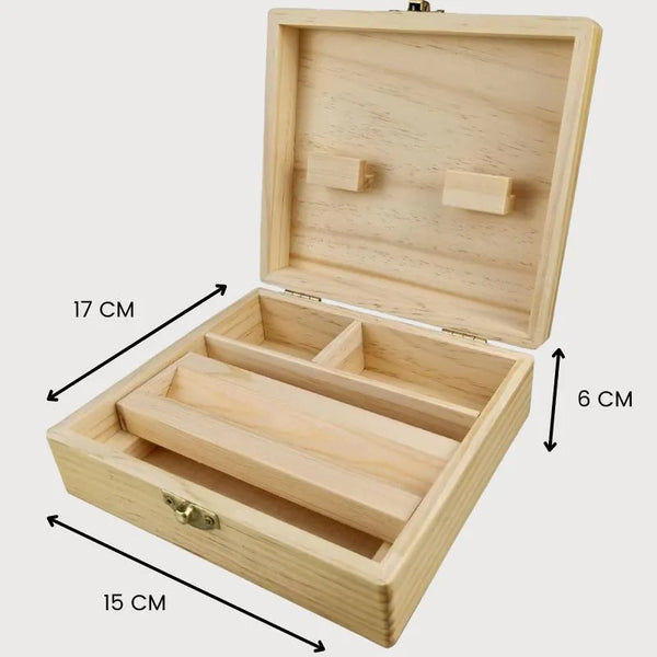 BOITE DE RANGEMENT EN BOIS 3 COMPARTIMENTS ET PLATEAU A ROULER  - 17 X 15 X 6 CM